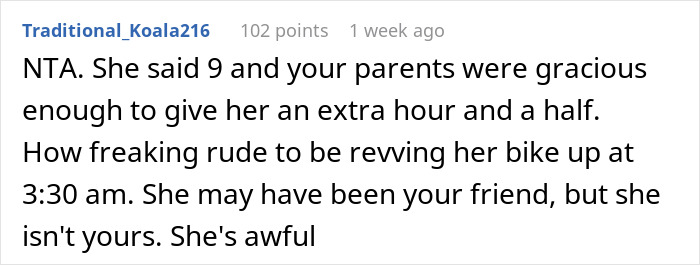 Screenshot of a social media comment discussing a teen showing up at her best friend&rsquo;s door early and causing conflict.