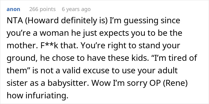 Comment discussing a man accusing his sister of refusing childcare duties and being a stranger to his kids in a family dispute.