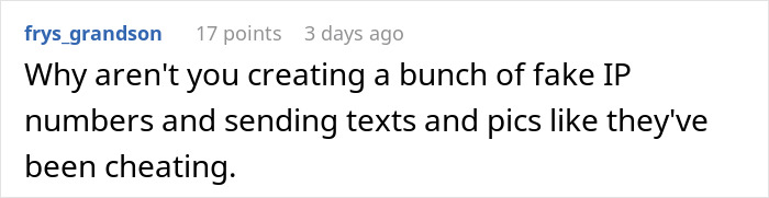 Comment on social platform suggesting creating fake IPs and sending texts, related to difficult boss and karma situation.