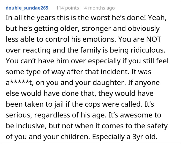 Comment discussing challenges of refusing to babysit an autistic nephew after he injures and spits on a child.