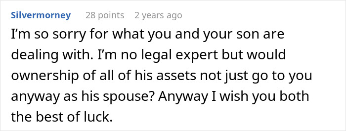 Screenshot of an online comment expressing sympathy for a woman shocked by her mother-in-law's hatred after losing her husband. - 35