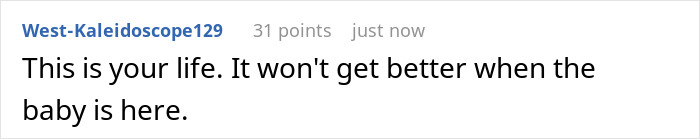 Text post on a social media platform with user comment about life and challenges after the baby arrives.