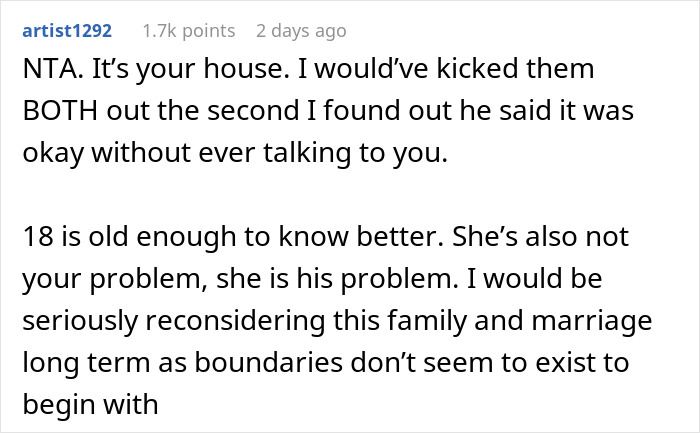 Screenshot of a Reddit comment discussing boundaries and houseguest issues in a family and marriage conflict. Screenshot of a Reddit comment discussing boundaries and houseguest issues in a family and marriage conflict.