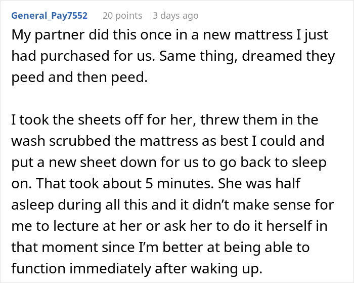 Comment about partner wetting the bed, handling mattress sheets, and not making a big deal about it.