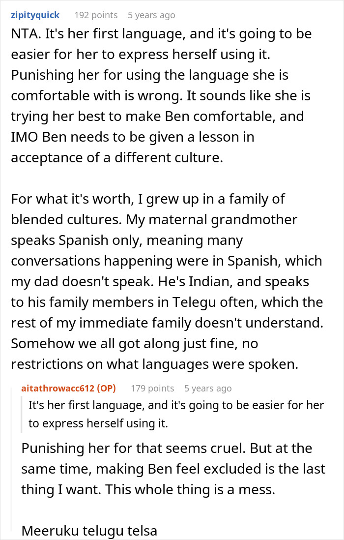 Reddit discussion about stepdad suggesting punishment for kid using native language her son cannot understand.