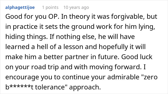 Screenshot of a forum comment discussing consequences of lying and hiding things in a relationship context.