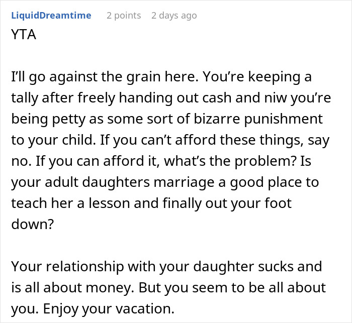 Screenshot of a Reddit comment discussing a man spending money on daughter&rsquo;s failed wedding and skipping his own event.
