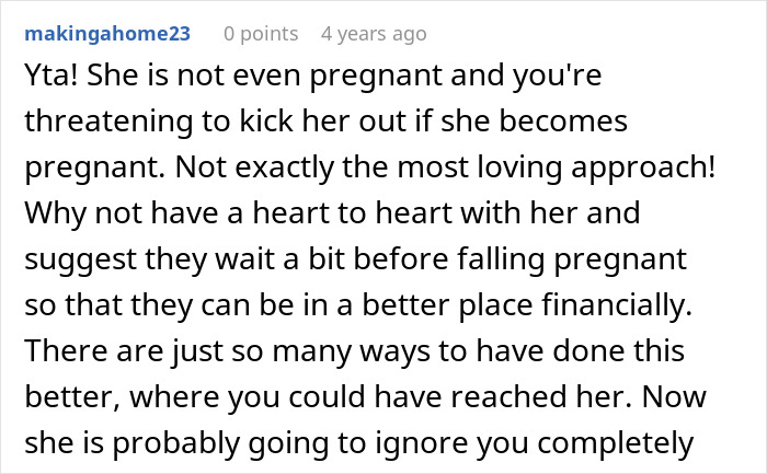 Screenshot of an online comment discussing parents forbidding their daughter from having a baby under their roof and relationship issues.