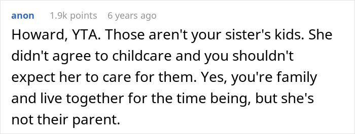 Comment discussing a man accusing his sister of being a stranger to his kids after she refuses childcare duties.