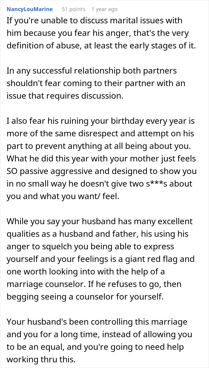 Comment discussing marital issues and therapy after a husband's controlling birthday surprise causes years of marriage problems. - 26