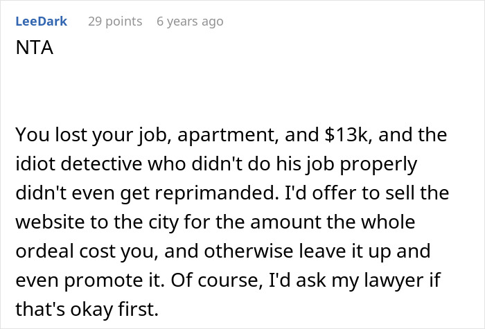 Screenshot of a Reddit comment discussing a man wrongfully jailed and his refusal to take down a website exposing a detective.