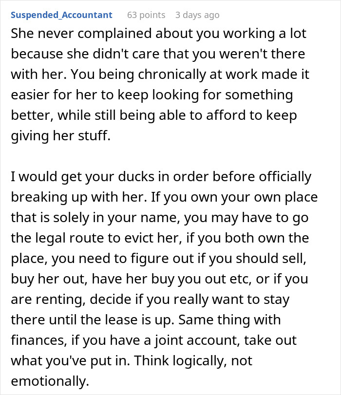 Reddit comment advising a man to handle finances and property logically after a breakup with a girlfriend wanting a rich husband. Reddit comment advising a man to handle finances and property logically after a breakup with a girlfriend wanting a rich husband.
