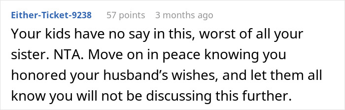 Text comment about widow choosing to bury late husband with first wife and child, causing stepkids to feel hurt and abandoned.