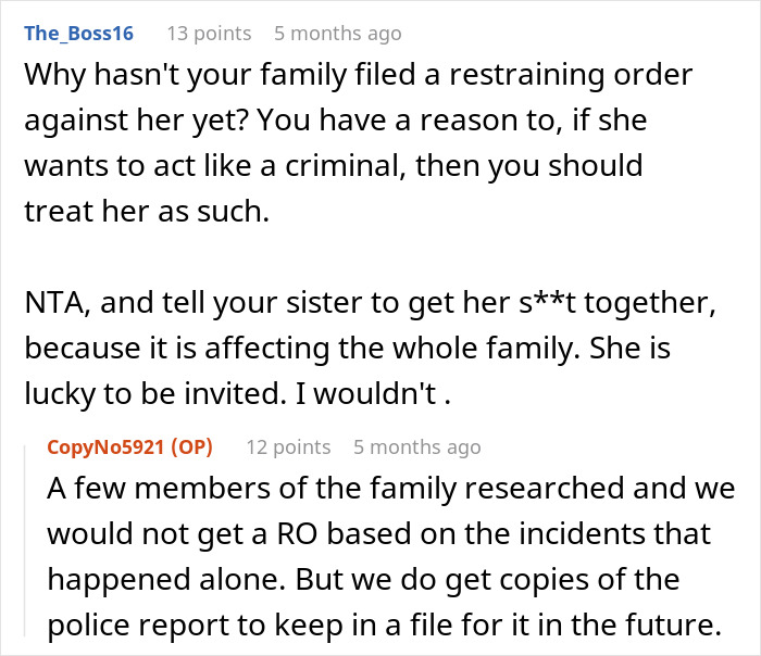 Reddit comments discussing family conflicts and restraining orders related to BIL’s nightmare ex ruining family events. - 19