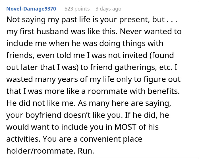 Screenshot of a Reddit comment discussing exclusion from events and a boyfriend not including his partner in plans.