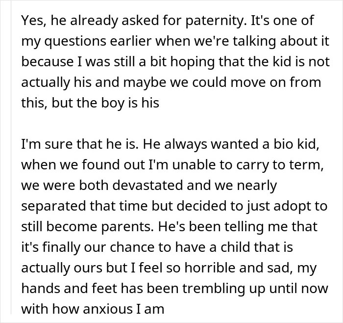 Text excerpt discussing a husband hiding an affair for 9 years and the impact on family and paternity issues. Text excerpt discussing a husband hiding an affair for 9 years and the impact on family and paternity issues.