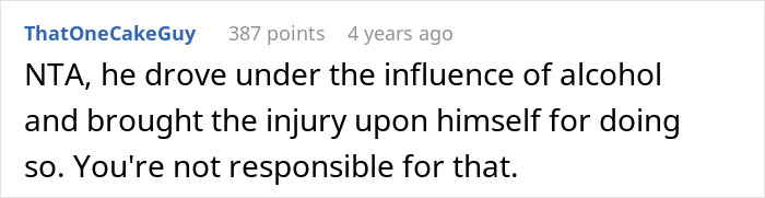 Comment from ThatOneCakeGuy explaining injury responsibility, related to boyfriend tantrum after girlfriend vacation despite his injury.