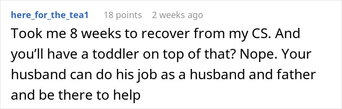 Screenshot of a forum comment discussing recovery from a C-section and the husband's role in supporting his wife.