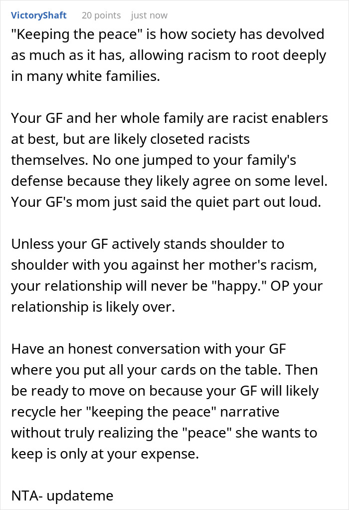 Text post discussing racism and relationship conflict after racist insults from a mom toward girlfriend&rsquo;s Black parents at dinner.