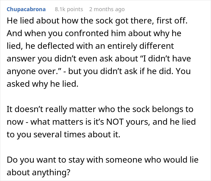 Comment discussing a mysterious sock found at home and the boyfriend's shocking reaction to lying about it.
