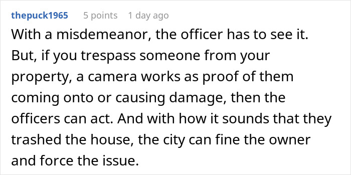 Comment explaining homeowner rights and neighbor dispute over driveway trespassing with camera evidence and city enforcement.