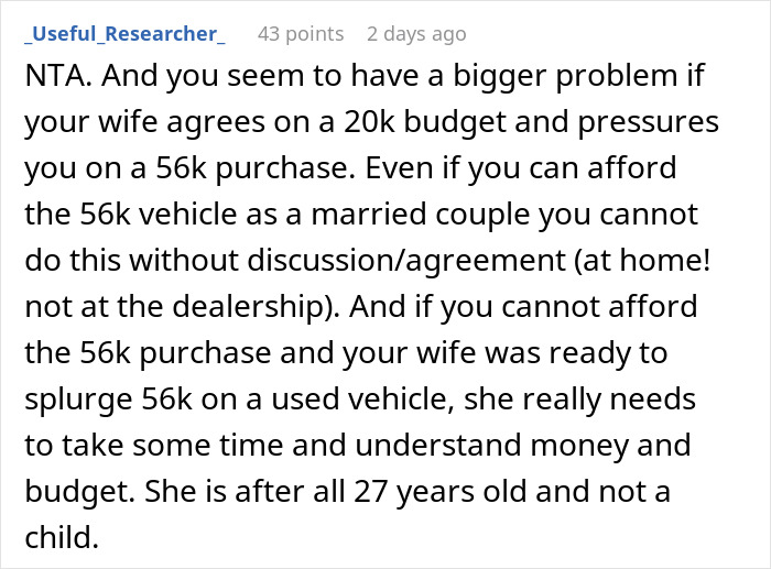 Husband drags wife out of car dealership, not allowing her to show the car she wants during purchase decision.