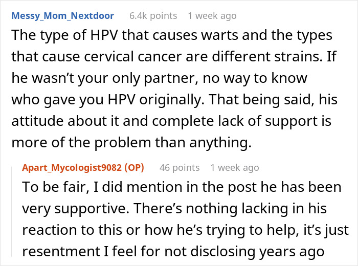 Conversation about HPV strains, cancer risks, and a woman's resentment toward her healthy boyfriend with past HPV.