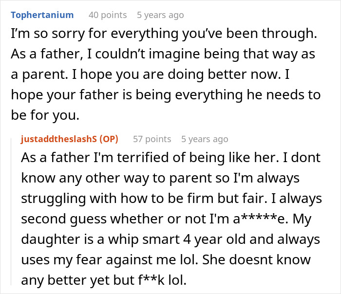 Reddit comments showing a father’s struggle with parenting and fears of repeating his mother’s mistakes. - 26