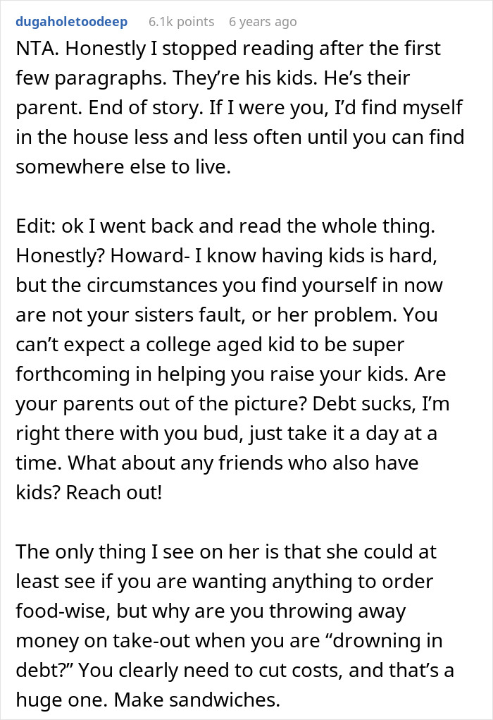 Reddit discussion about a guy accusing sister of being a stranger to his kids after refusing childcare duties.