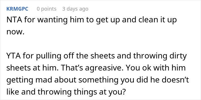 Comment discussing a man wetting the bed and the reaction to cleaning up, highlighting issues with maturity.