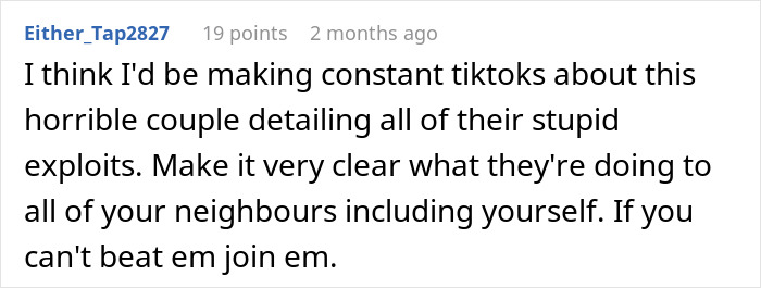 Comment from Either_Tap2827 criticizing a couple's exploits and suggesting making TikToks about influencer neighbors putting woman hospital. Comment from Either_Tap2827 criticizing a couple's exploits and suggesting making TikToks about influencer neighbors putting woman hospital.