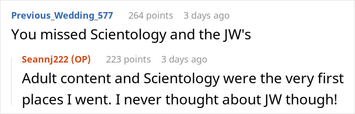 Reddit comment thread discussing Scientology and JW's, featuring a user&rsquo;s opinion on adult content and religion.