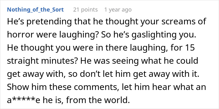 Screenshot of an online comment discussing a husband&rsquo;s prank causing distress to a claustrophobic woman left in tears and puking.