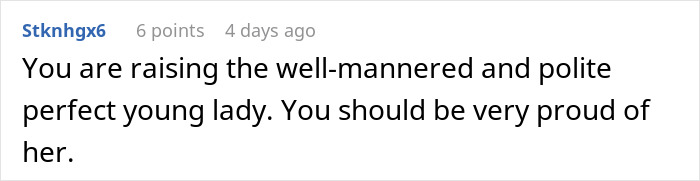 Comment praising a girl for her kindness and good manners after being bullied over a party seat. Comment praising a girl for her kindness and good manners after being bullied over a party seat.
