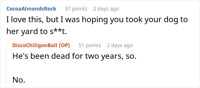 Screenshot of a Reddit conversation about petty revenge involving an entitled dog owner and a clever response.