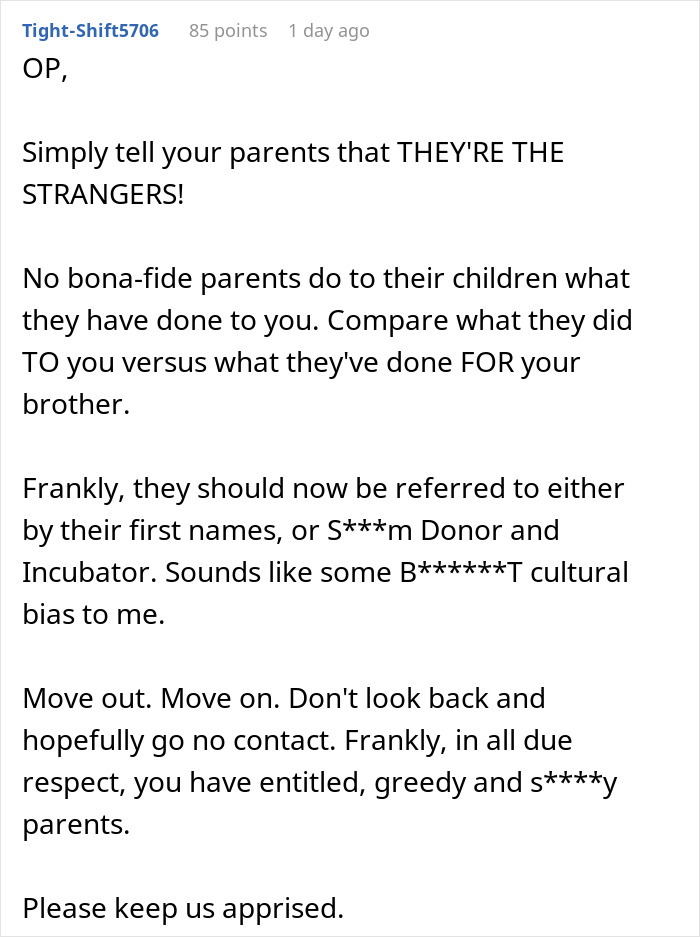 Comment advising to confront parents forcing pay expensive rent, suggesting moving out and cutting contact due to entitlement.