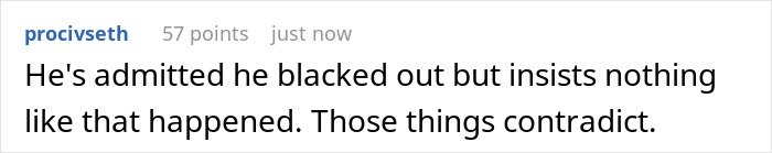 Text post on social media about a surprise pregnancy claim after husband's boys’ weekend, with 57 points. - 20