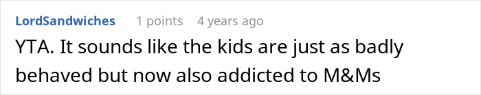 Screenshot of a comment discussing kids’ bad behavior and addiction to M&Ms after being forced to babysit. Screenshot of a comment discussing kids’ bad behavior and addiction to M&Ms after being forced to babysit.