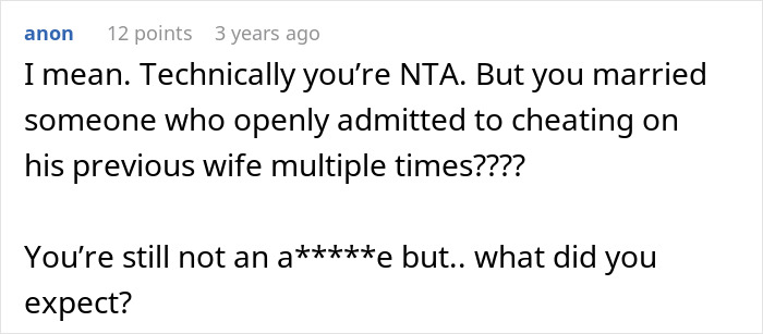 Screenshot of a Reddit comment discussing a man promising a quiet life with two kids but adding a stepdaughter.
