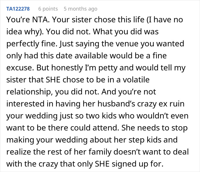 Comment discussing a man's choice to schedule his wedding to avoid his brother-in-law’s nightmare ex ruining family events. - 36
