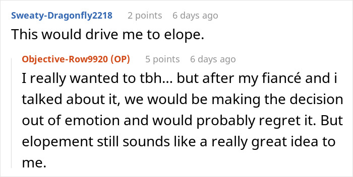 Screenshot of a Reddit conversation discussing bride cutting mom off from key wedding plans after proposal turned family update. Screenshot of a Reddit conversation discussing bride cutting mom off from key wedding plans after proposal turned family update.