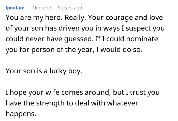Comment praising a dad's courage and love while standing by his gay son after wife reacts negatively and kicks him out.