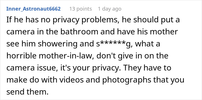 Reddit comment discussing privacy issues with a mother-in-law spying via baby cam and the need to protect personal privacy.