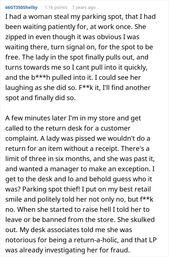 Woman steals couple's parking spot at work then faces revenge when denied return without receipt in store confrontation.