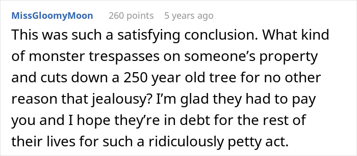 User comment about neighbor’s tree cutting case, highlighting jealousy and a six-figure fine for property trespass. User comment about neighbor’s tree cutting case, highlighting jealousy and a six-figure fine for property trespass.