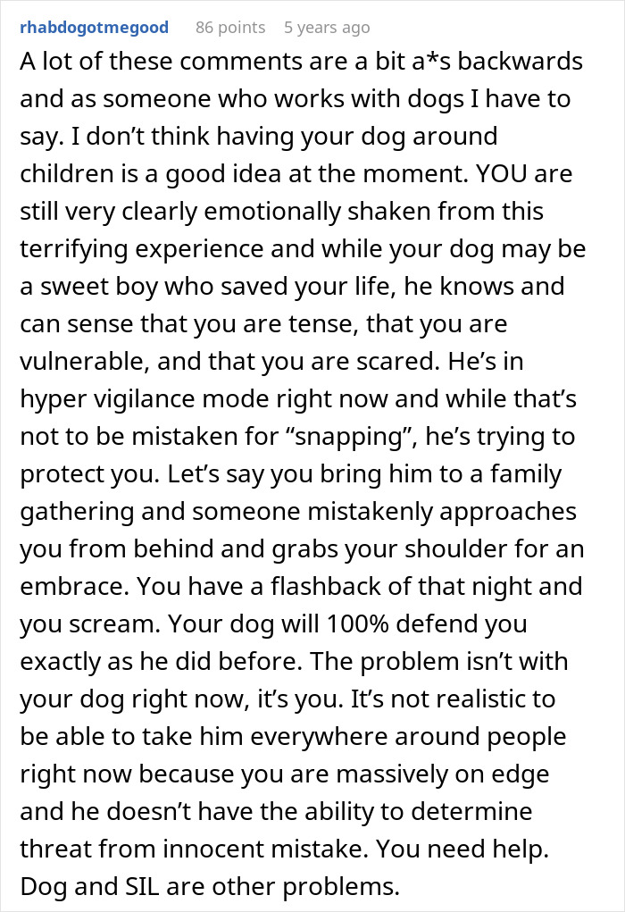 Comment discussing concerns about dog behavior after attacks and the dog's protection instincts toward a vulnerable owner. Comment discussing concerns about dog behavior after attacks and the dog's protection instincts toward a vulnerable owner.