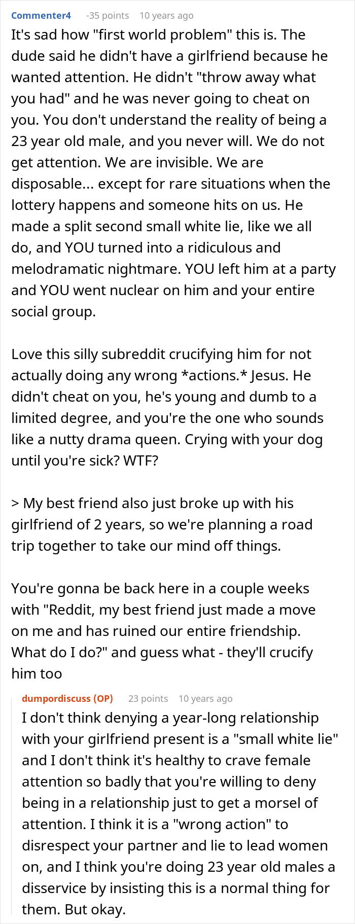 Alt text: Online discussion about a guy pretending to be single and making excuses when confronted by his girlfriend.