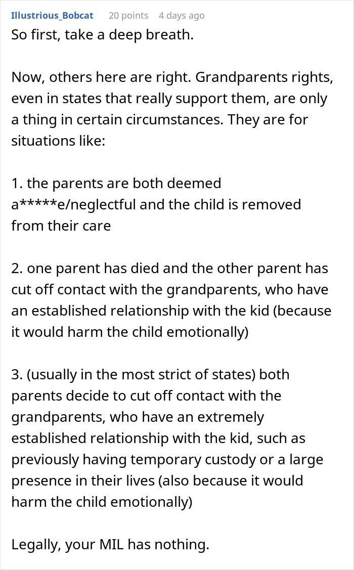 Comment discussing grandparents' rights and legal limits for MIL contact after alleged poisoning concerns. Comment discussing grandparents' rights and legal limits for MIL contact after alleged poisoning concerns.