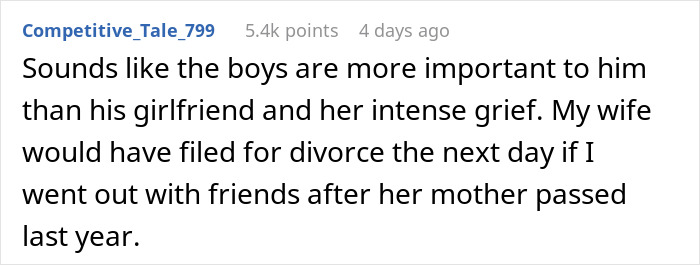 Comment expressing frustration over boyfriend's behavior during girlfriend's intense grief after mother&rsquo;s death, revealing true character.