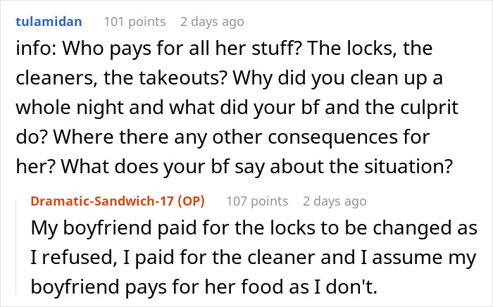 Screenshot of a Reddit conversation about a woman dealing with a temporary houseguest cleaning up parties and missing payments. Screenshot of a Reddit conversation about a woman dealing with a temporary houseguest cleaning up parties and missing payments.